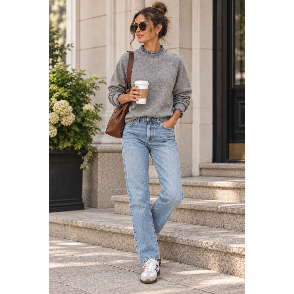 J.Crew Mercantile Gray Textured Crewneck Sweatshirt Ruffle Trim Cotton Medium